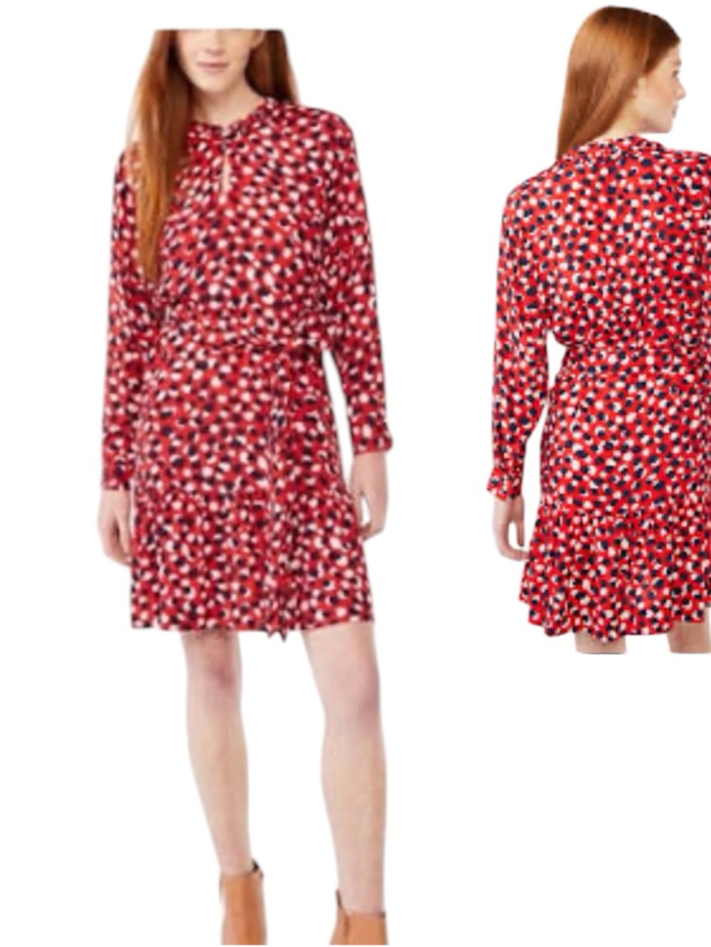 Free Assembly Women Tiered Belted Polka Dot Print Long Sleeve Mini Dress Size M